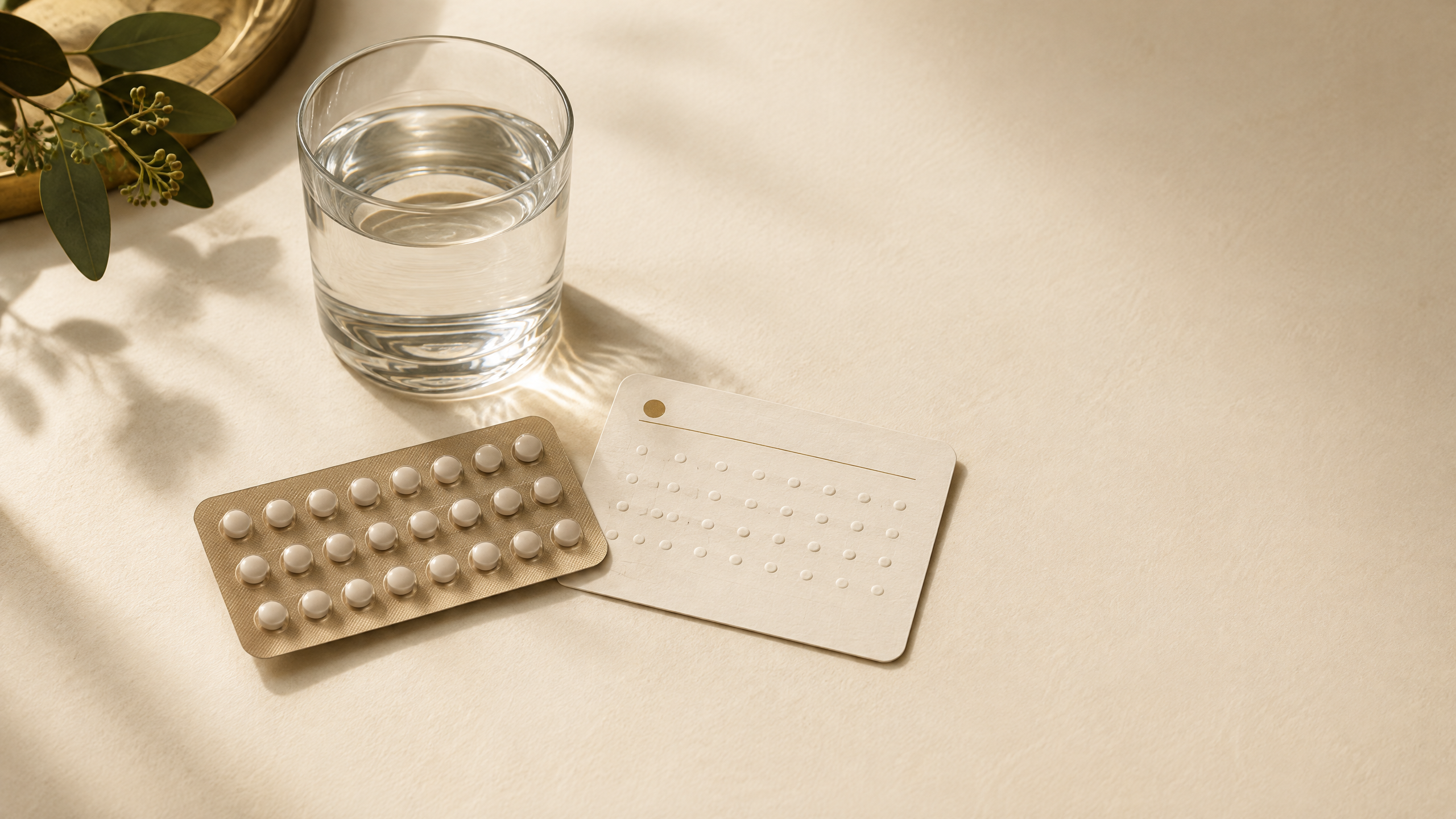 Unbranded oral contraceptive blister pack beside a four-week calendar and glass of water